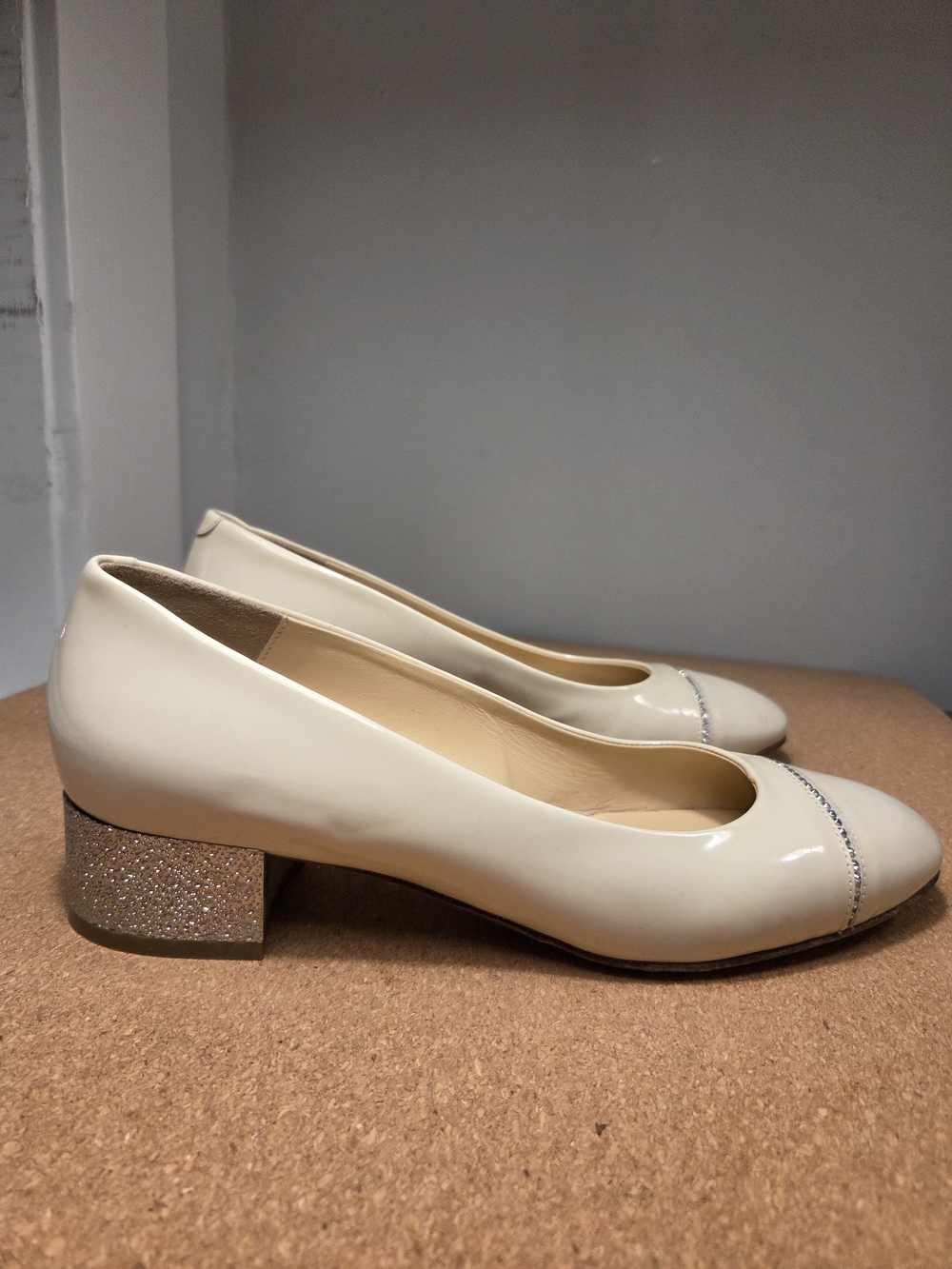 Nando Muzi Italian Patent Block Heel Pumps with Glitter Heel, Beige, Size 39